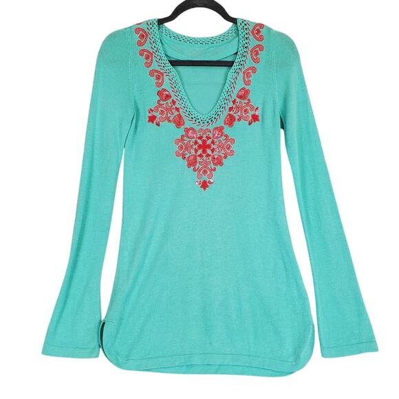 Lilly Pulitzer April Teal Tunic Sweater Whimsy Fairy Crystal Pink Embroidered M - Picture 2 of 12